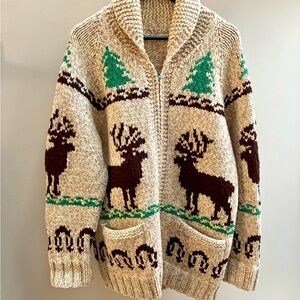 Flash zipper true vintage 50-60s reindeer wool handknit cowichan sweater L